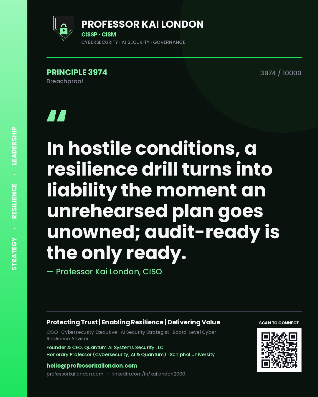 Professor Kai London principle 3974: In hostile conditions, a resilience drill turns into liability the moment an unrehearsed plan goes unowned; audit-ready is the only ready.