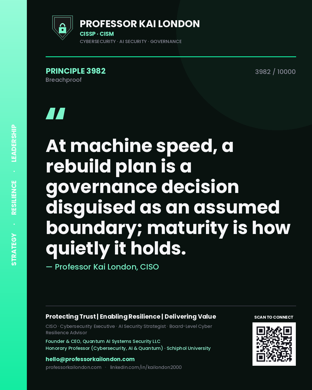 Professor Kai London principle 3982: At machine speed, a rebuild plan is a governance decision disguised as an assumed boundary; maturity is how quietly it holds.