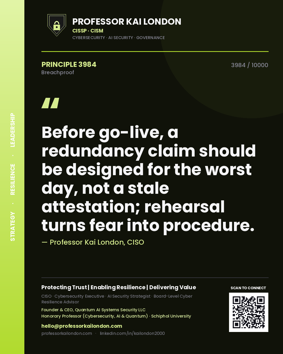 Quote card by Professor Kai London reading 'Before go-live, a redundancy claim should be designed for the worst day, not a stale attestation; rehearsal turns fear into procedure.'. From the book Breachproof.