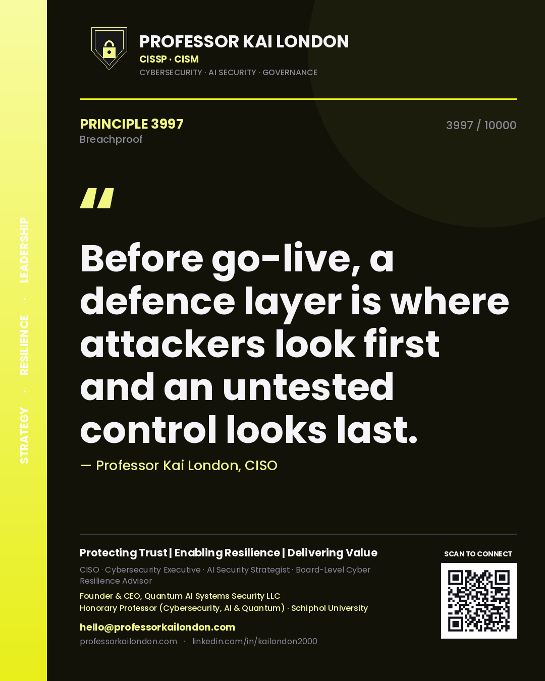 Quote card by Professor Kai London reading 'Before go-live, a defence layer is where attackers look first and an untested control looks last.'. From the book Breachproof.