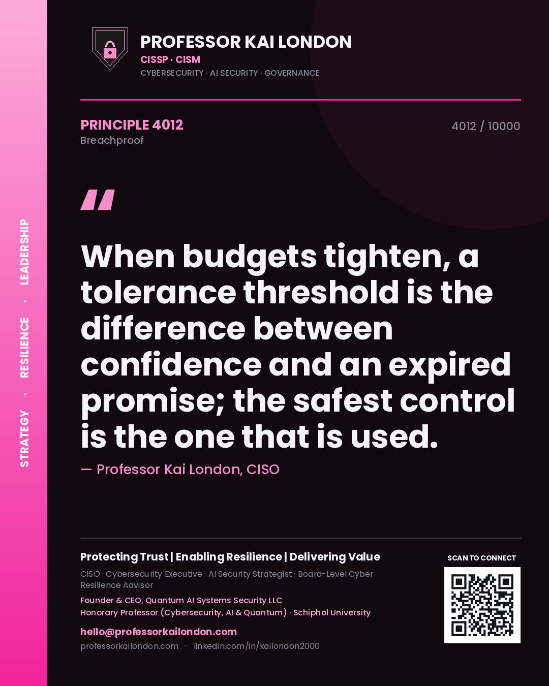 Professor Kai London principle 4012: When budgets tighten, a tolerance threshold is the difference between confidence and an expired promise; the safest control is the one that is used.