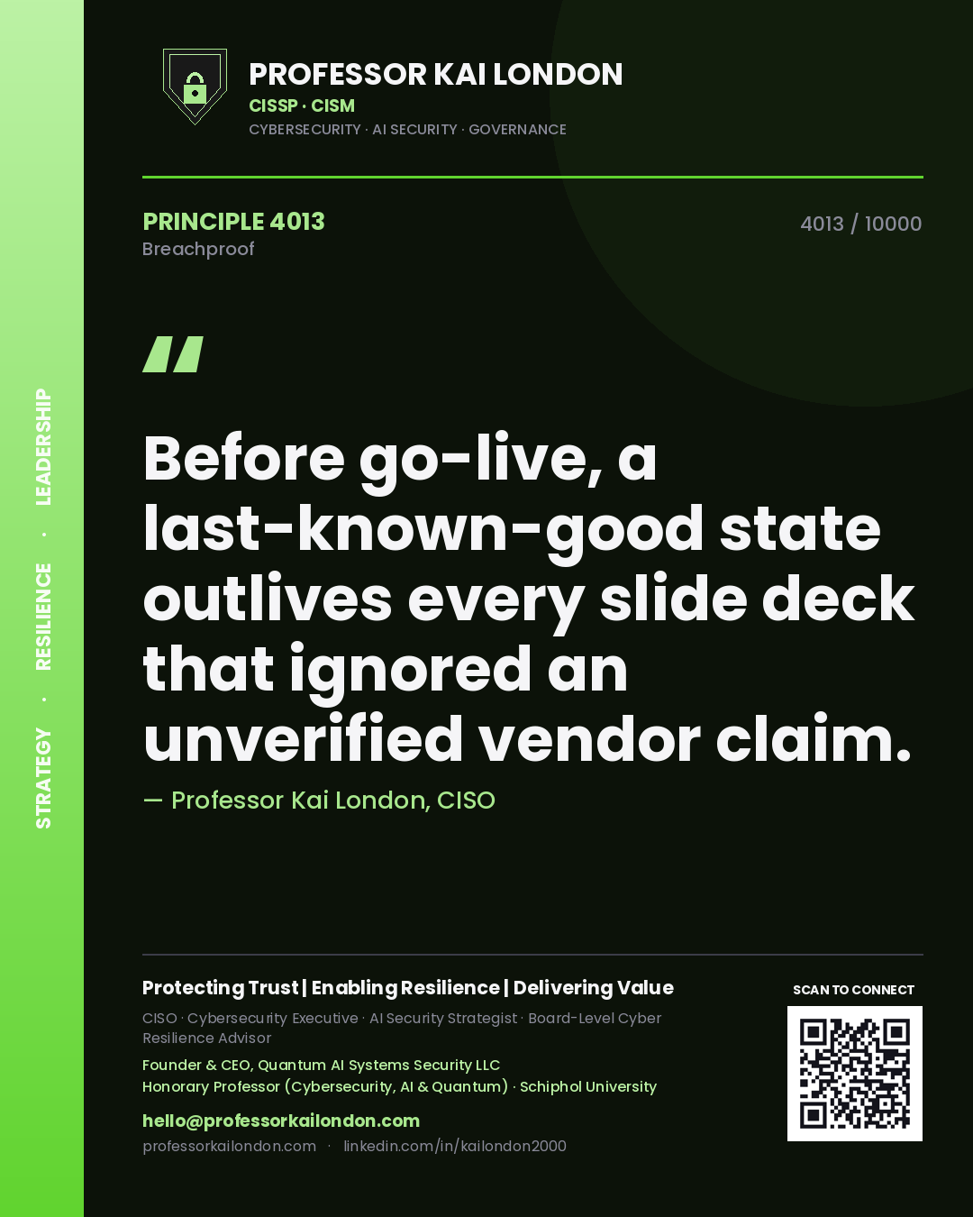 Quote card by Professor Kai London reading 'Before go-live, a last-known-good state outlives every slide deck that ignored an unverified vendor claim.'. From the book Breachproof.