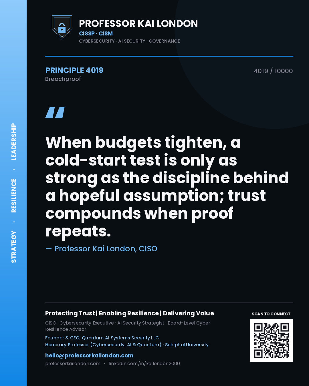 Quote card by Professor Kai London reading 'When budgets tighten, a cold-start test is only as strong as the discipline behind a hopeful assumption; trust compounds when proof repeats.'. From the book Breachproof.