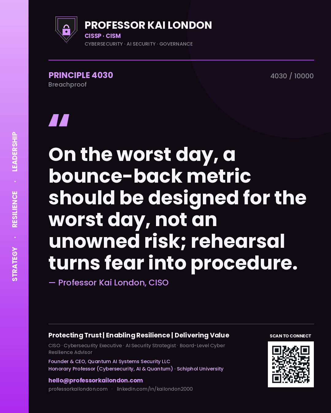 Professor Kai London principle 4030: On the worst day, a bounce-back metric should be designed for the worst day, not an unowned risk; rehearsal turns fear into procedure.