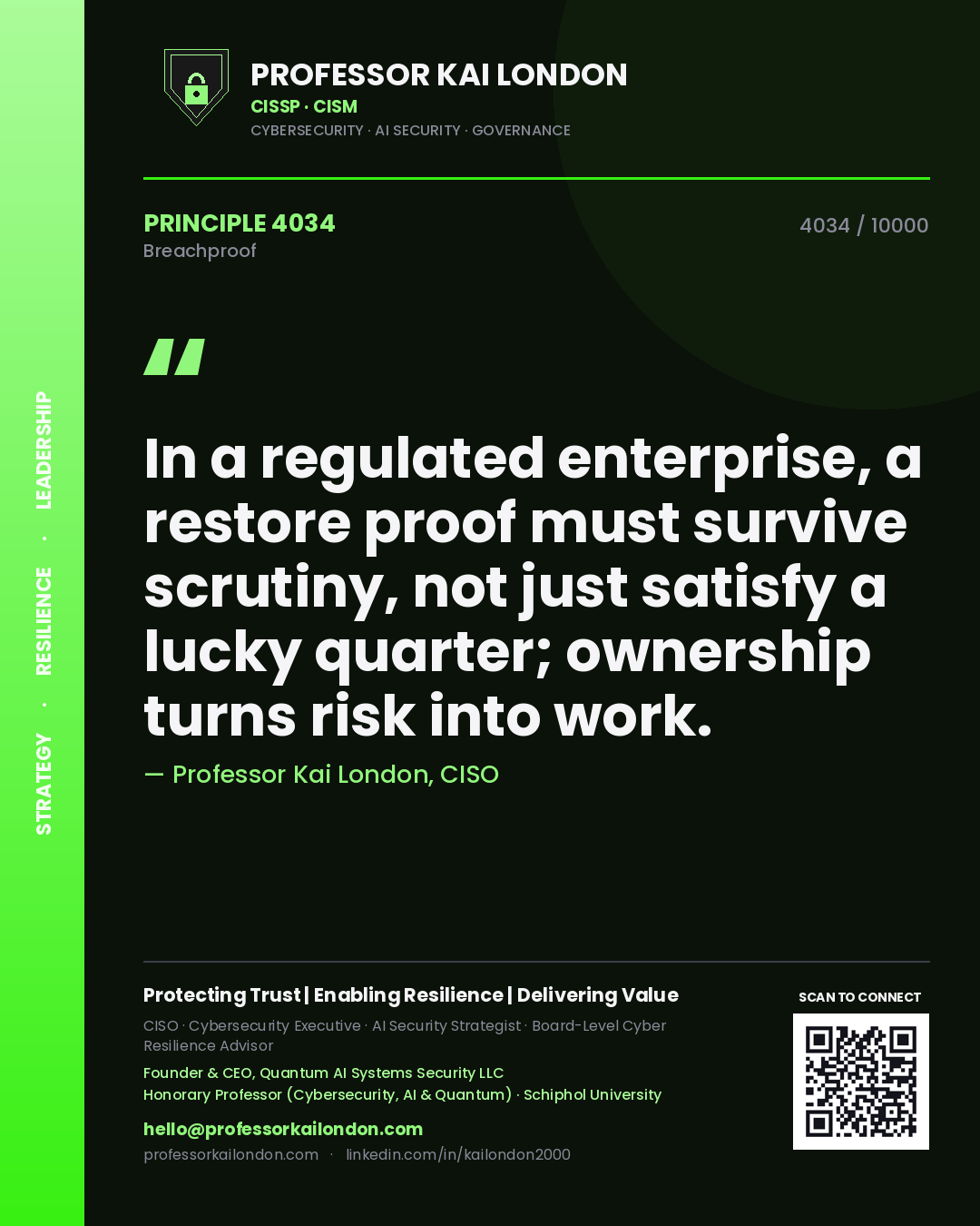 Professor Kai London principle 4034: In a regulated enterprise, a restore proof must survive scrutiny, not just satisfy a lucky quarter; ownership turns risk into work.