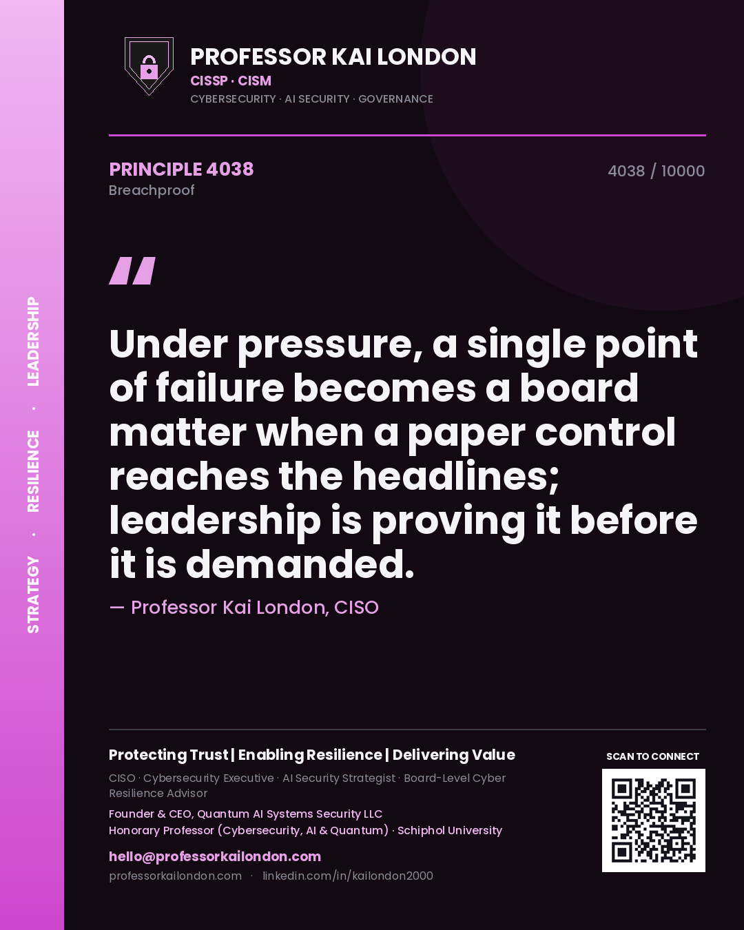 Professor Kai London principle 4038: Under pressure, a single point of failure becomes a board matter when a paper control reaches the headlines; leadership is proving it before it is demanded.