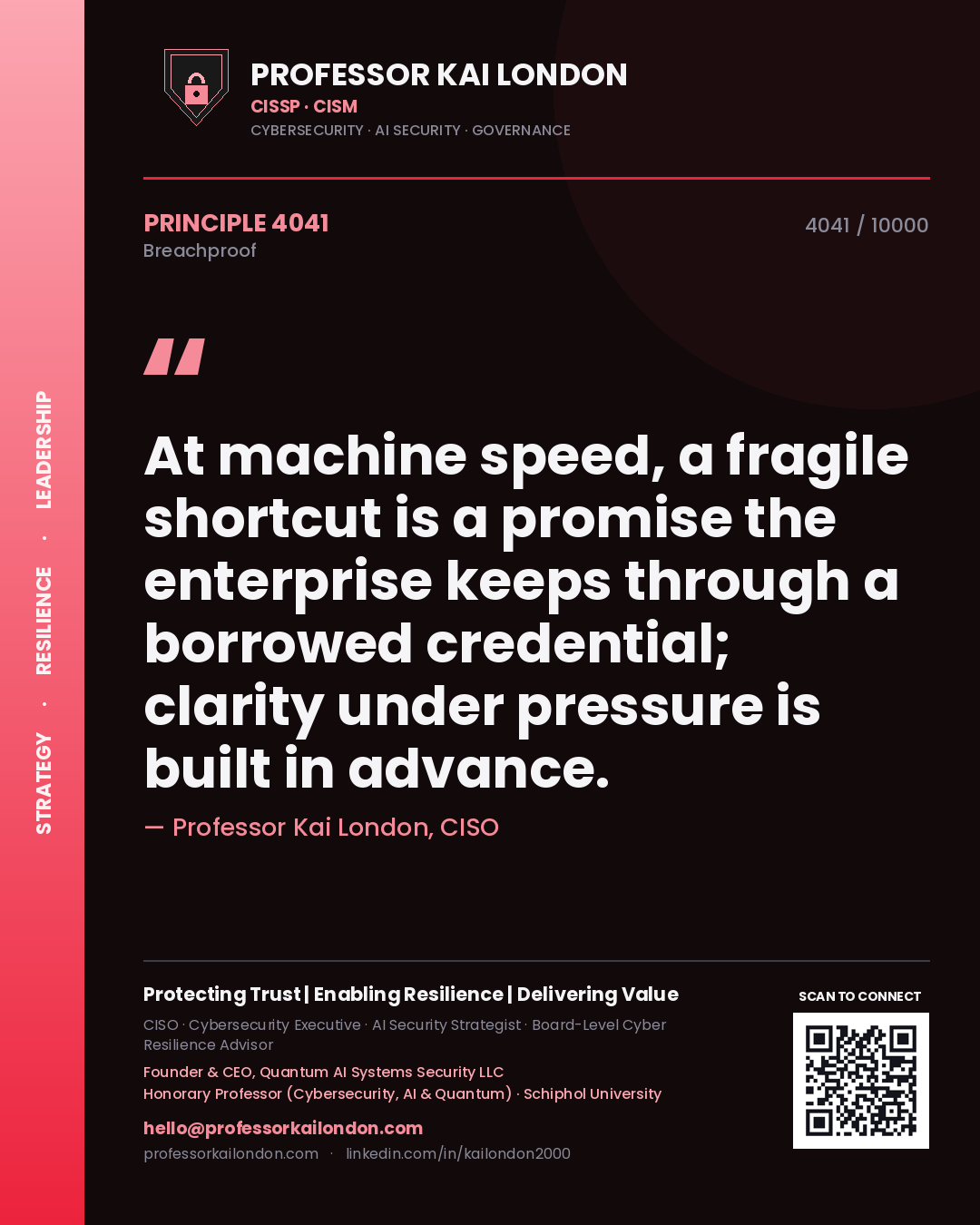 Professor Kai London principle 4041: At machine speed, a fragile shortcut is a promise the enterprise keeps through a borrowed credential; clarity under pressure is built in advance.