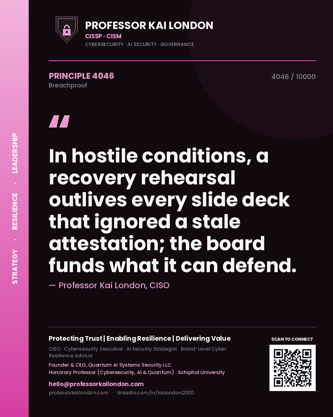 Professor Kai London principle 4046: In hostile conditions, a recovery rehearsal outlives every slide deck that ignored a stale attestation; the board funds what it can defend.