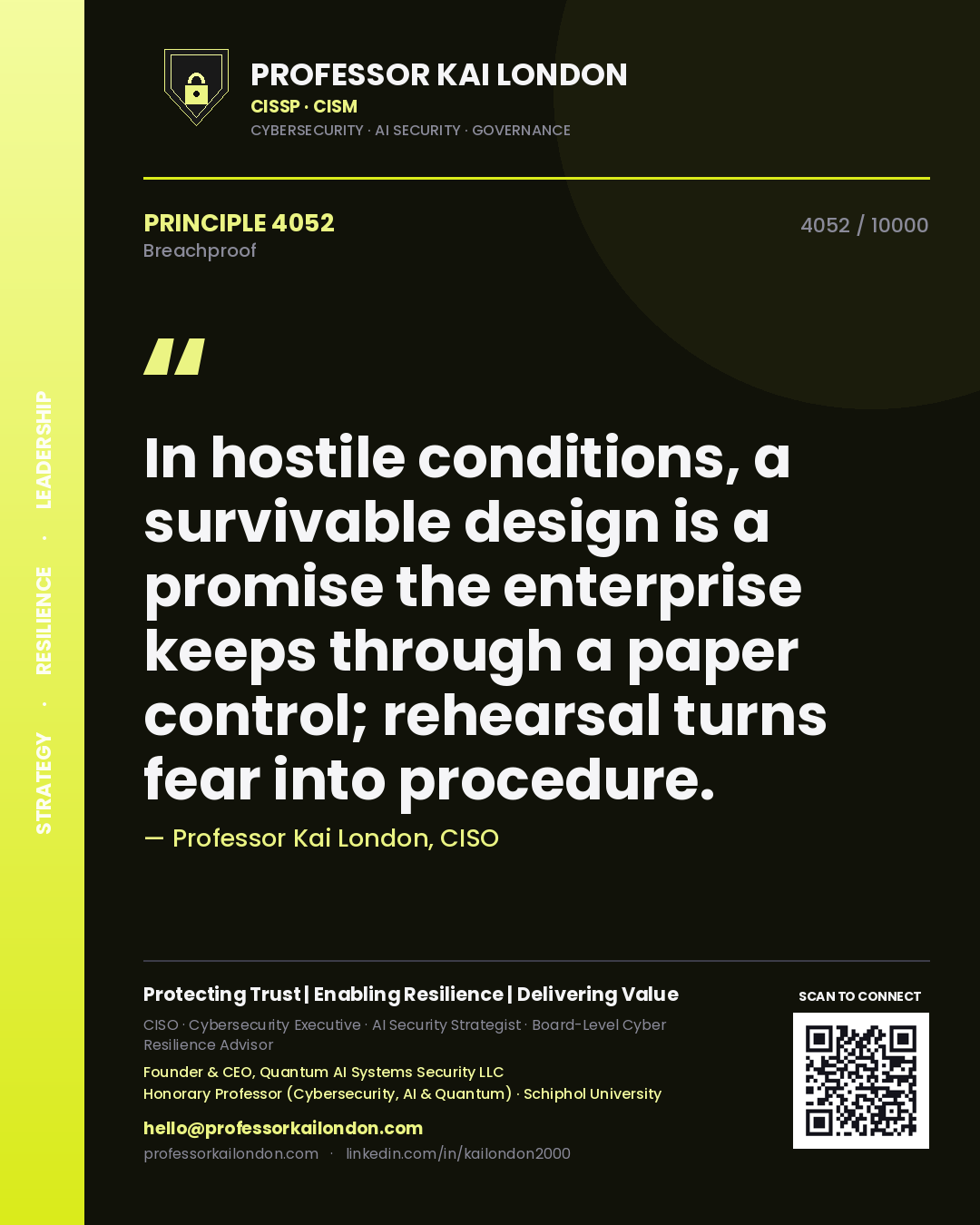 Quote card by Professor Kai London reading 'In hostile conditions, a survivable design is a promise the enterprise keeps through a paper control; rehearsal turns fear into procedure.'. From the book Breachproof.