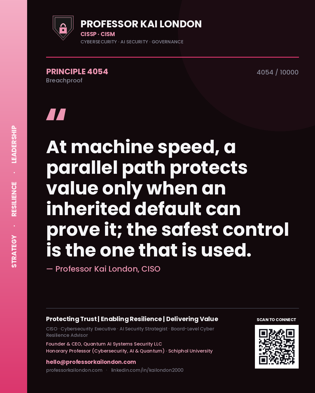 Professor Kai London principle 4054: At machine speed, a parallel path protects value only when an inherited default can prove it; the safest control is the one that is used.
