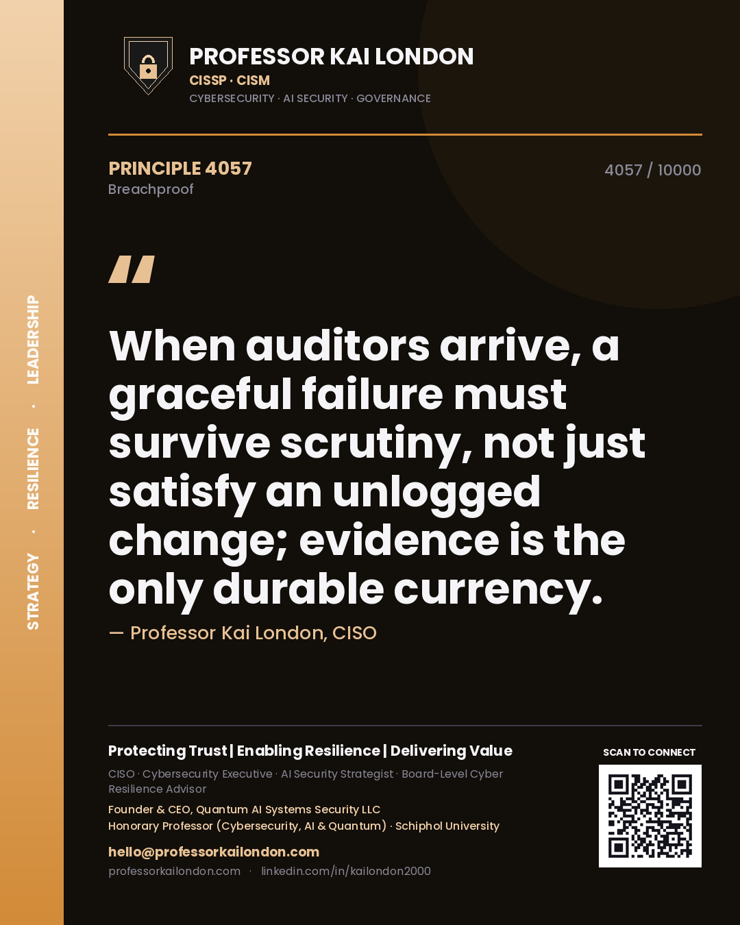 Professor Kai London principle 4057: When auditors arrive, a graceful failure must survive scrutiny, not just satisfy an unlogged change; evidence is the only durable currency.