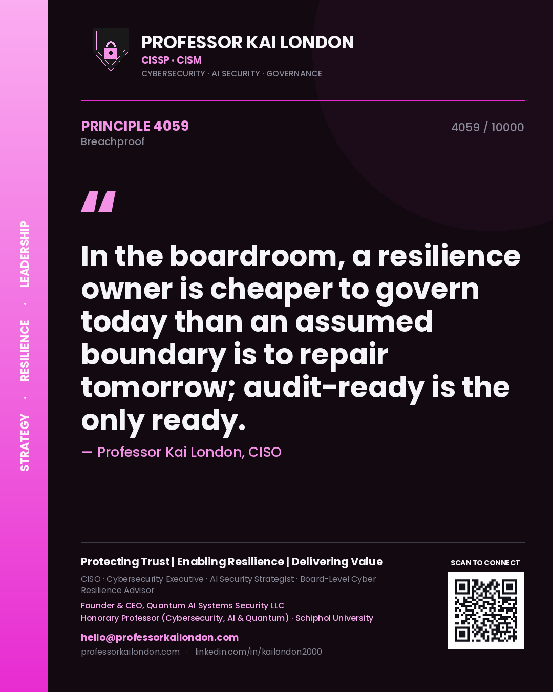 Quote card by Professor Kai London reading 'In the boardroom, a resilience owner is cheaper to govern today than an assumed boundary is to repair tomorrow; audit-ready is the only ready.'. From the book Breachproof.