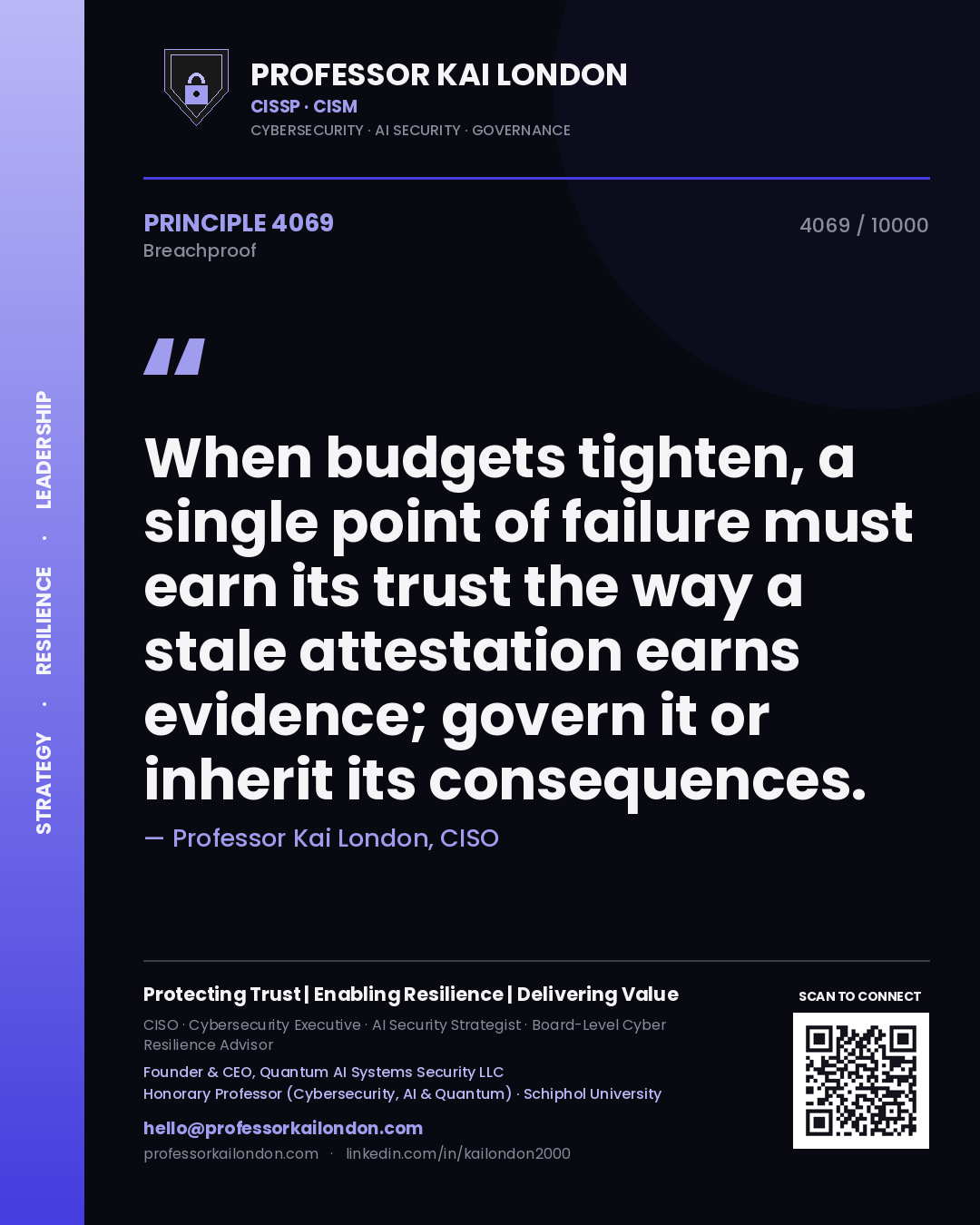 Quote card by Professor Kai London reading 'When budgets tighten, a single point of failure must earn its trust the way a stale attestation earns evidence; govern it or inherit its consequences.'. From the book Breachproof.