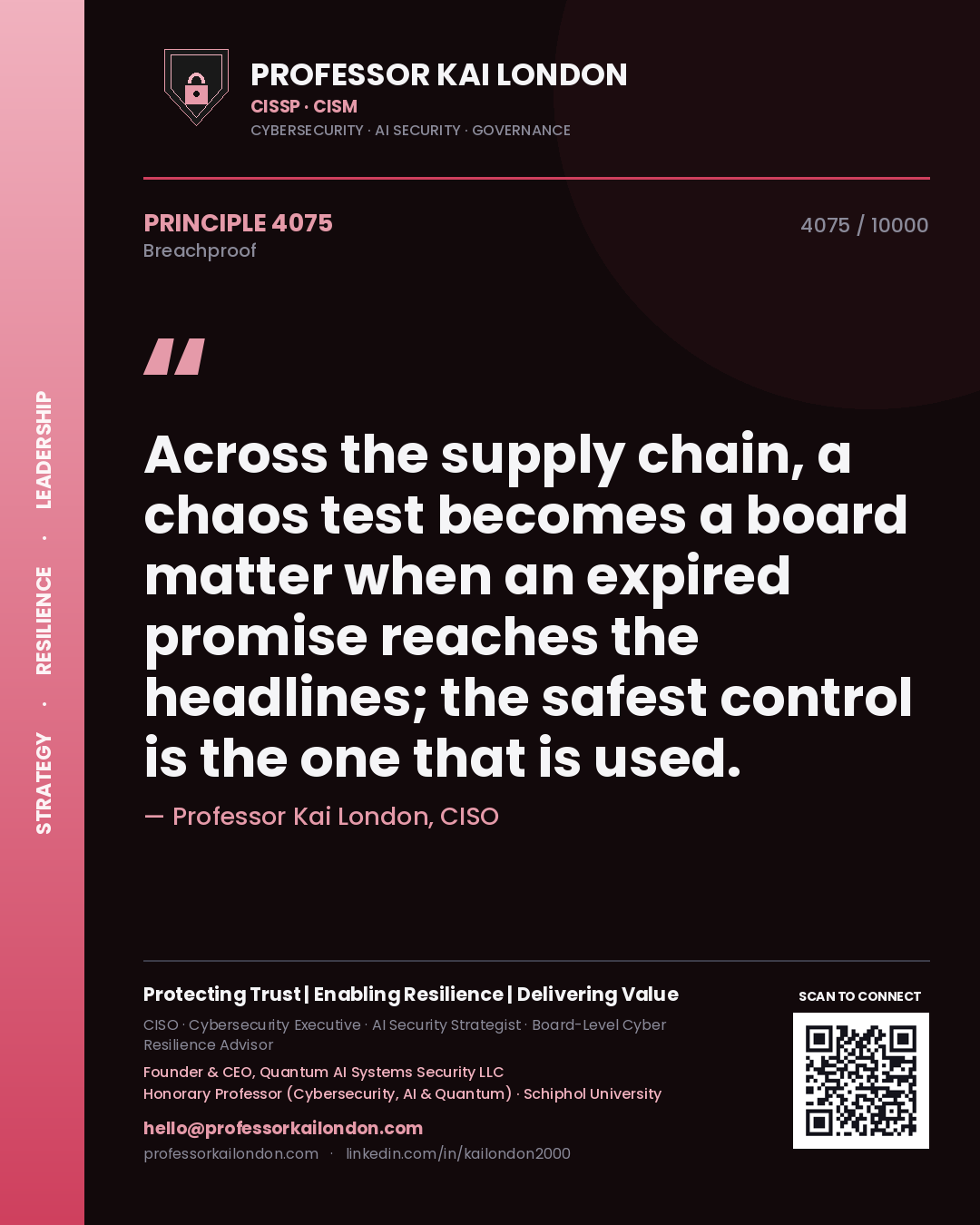 Professor Kai London principle 4075: Across the supply chain, a chaos test becomes a board matter when an expired promise reaches the headlines; the safest control is the one that is used.