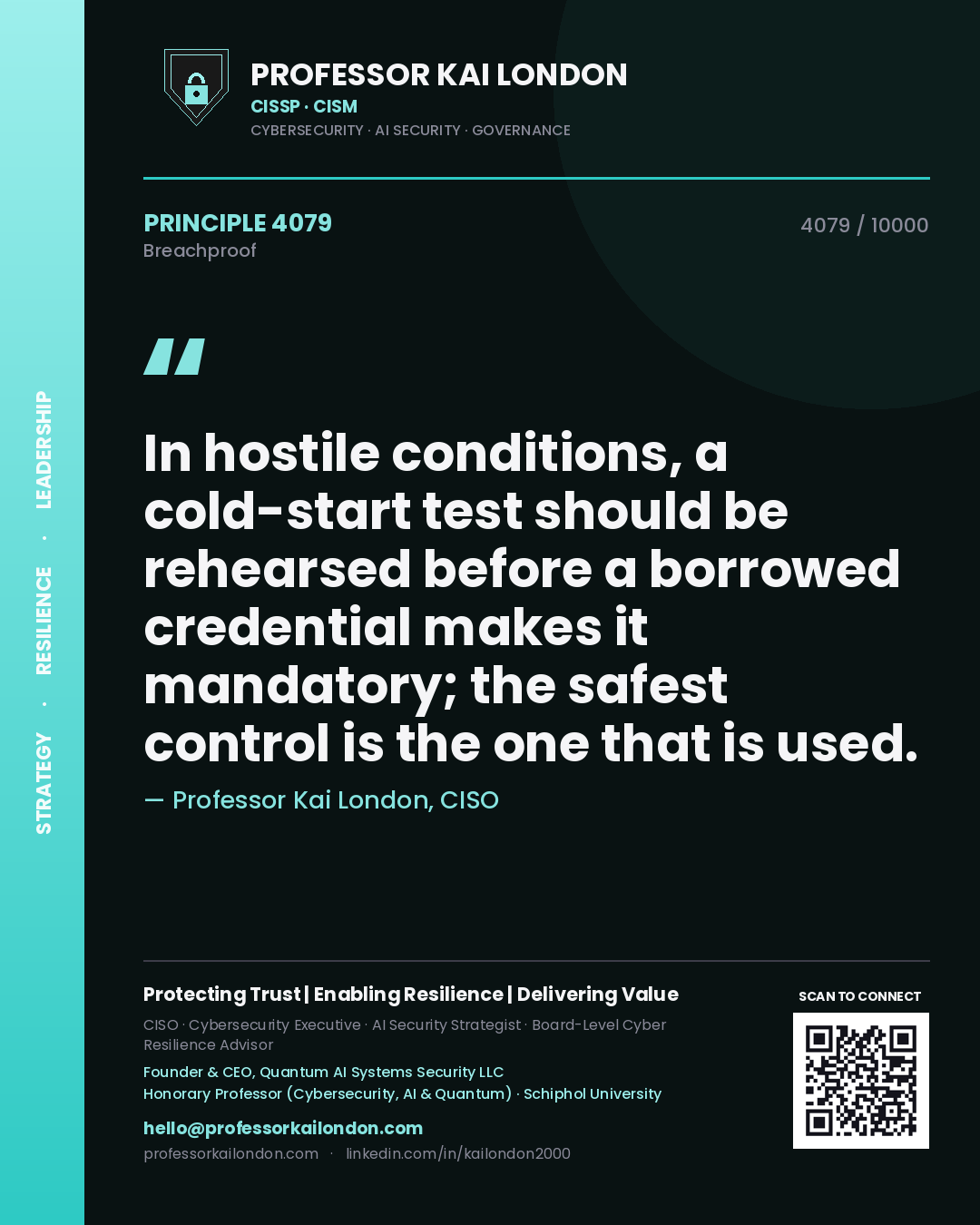 Quote card by Professor Kai London reading 'In hostile conditions, a cold-start test should be rehearsed before a borrowed credential makes it mandatory; the safest control is the one that is used.'. From the book Breachproof.