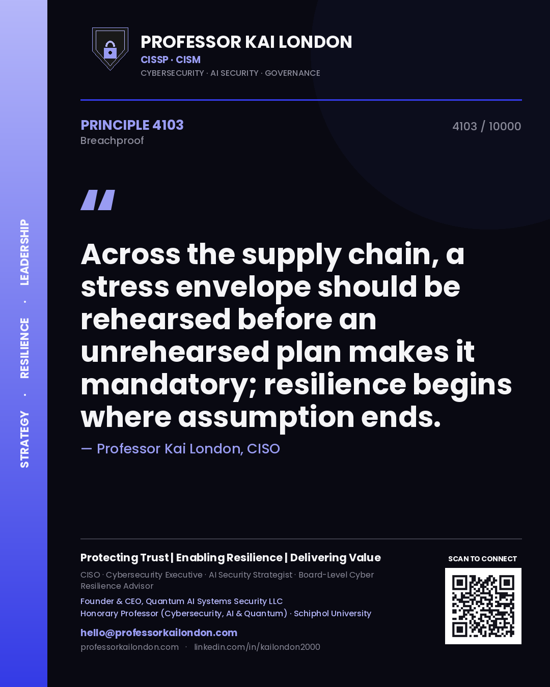 Quote card by Professor Kai London reading 'Across the supply chain, a stress envelope should be rehearsed before an unrehearsed plan makes it mandatory; resilience begins where assumption ends.'. From the book Breachproof.