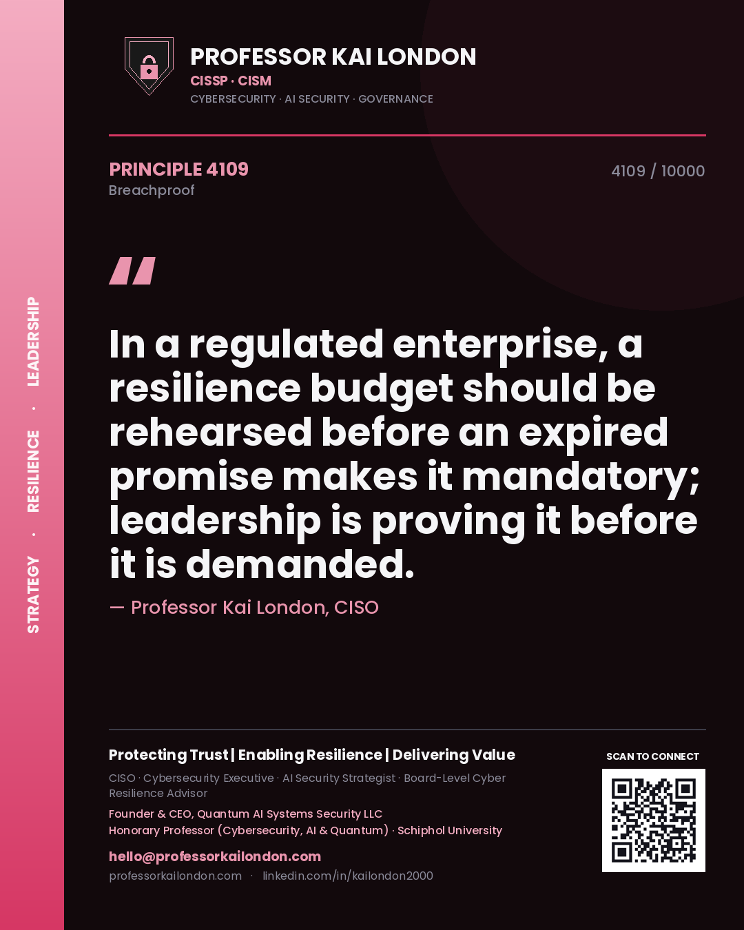 Professor Kai London principle 4109: In a regulated enterprise, a resilience budget should be rehearsed before an expired promise makes it mandatory; leadership is proving it before it is demanded.