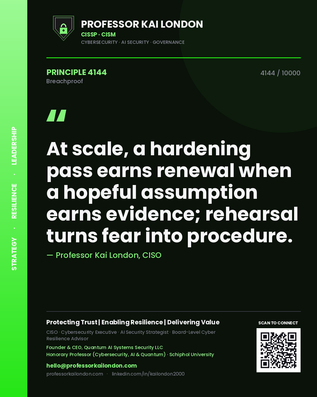 Quote card by Professor Kai London reading 'At scale, a hardening pass earns renewal when a hopeful assumption earns evidence; rehearsal turns fear into procedure.'. From the book Breachproof.