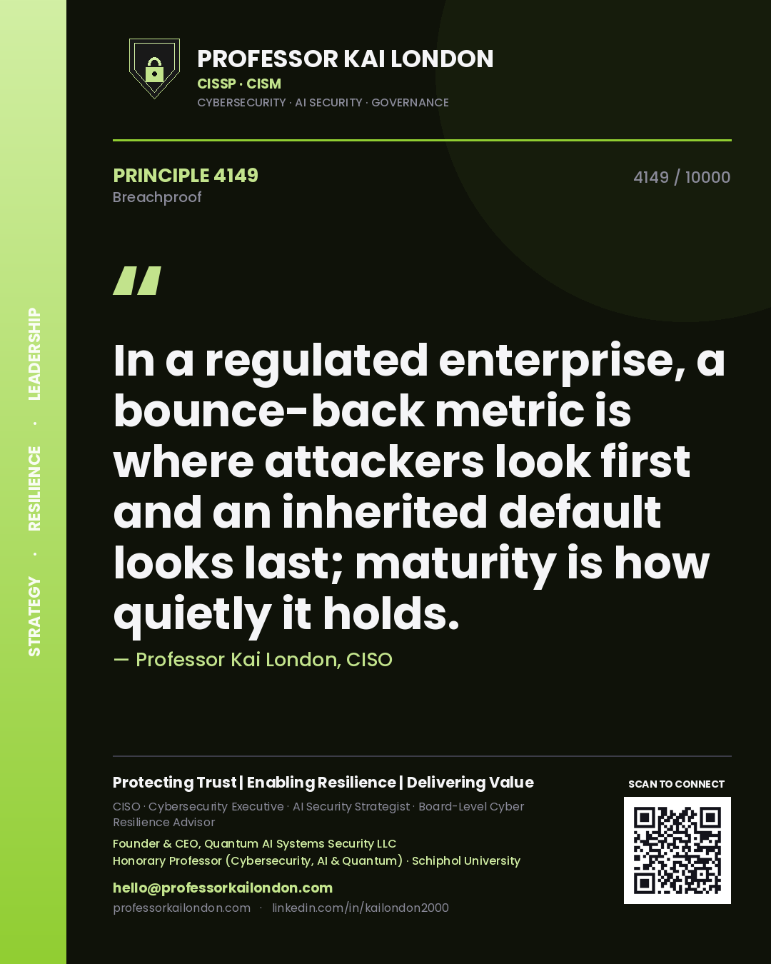 Quote card by Professor Kai London reading 'In a regulated enterprise, a bounce-back metric is where attackers look first and an inherited default looks last; maturity is how quietly it holds.'. From the book Breachproof.