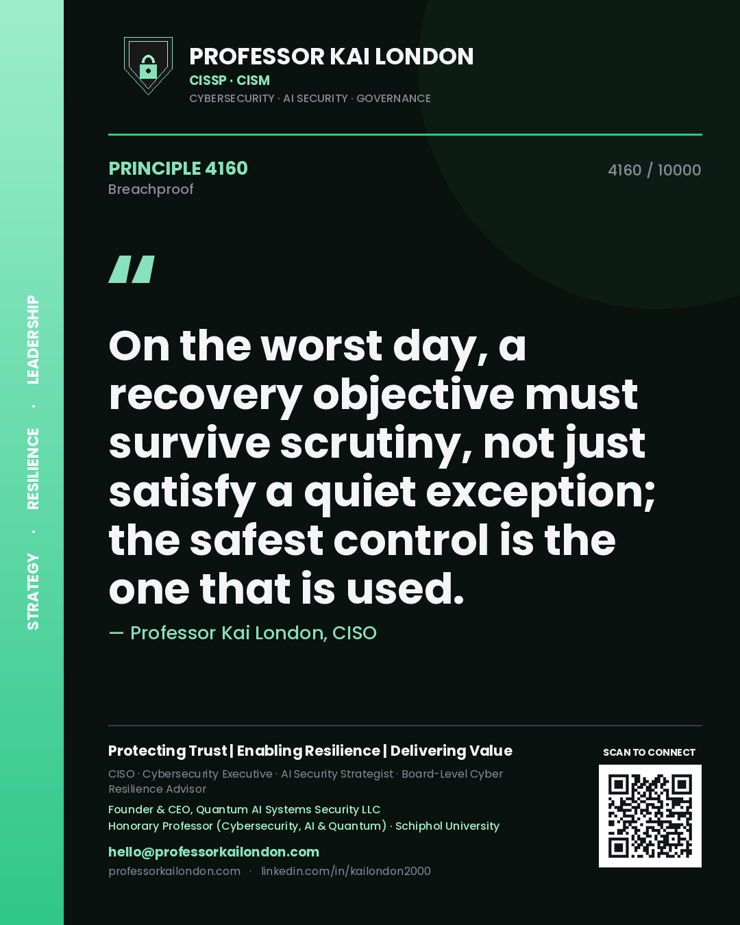 Professor Kai London principle 4160: On the worst day, a recovery objective must survive scrutiny, not just satisfy a quiet exception; the safest control is the one that is used.