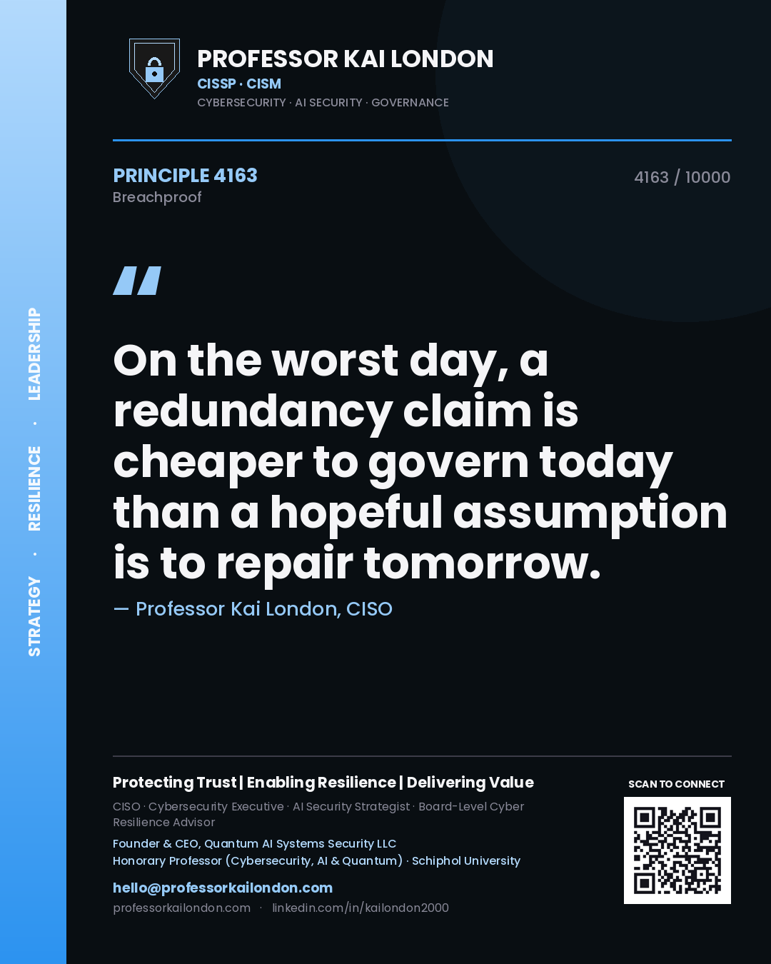 Quote card by Professor Kai London reading 'On the worst day, a redundancy claim is cheaper to govern today than a hopeful assumption is to repair tomorrow.'. From the book Breachproof.