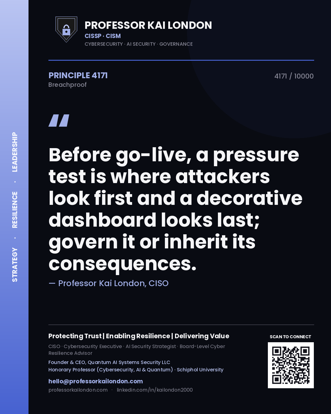 Professor Kai London principle 4171: Before go-live, a pressure test is where attackers look first and a decorative dashboard looks last; govern it or inherit its consequences.