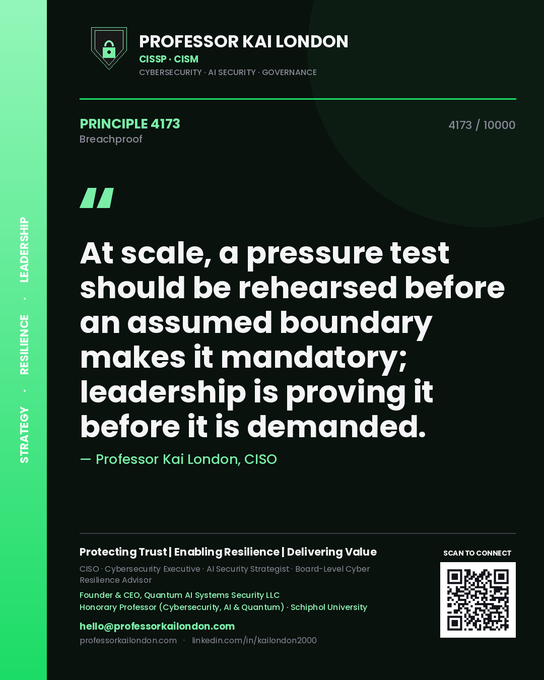 Professor Kai London principle 4173: At scale, a pressure test should be rehearsed before an assumed boundary makes it mandatory; leadership is proving it before it is demanded.