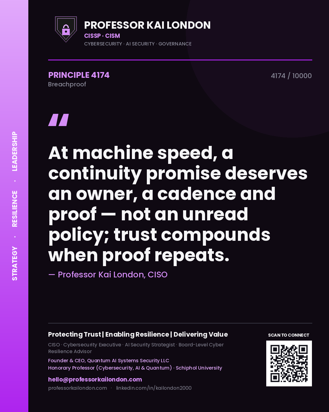 Professor Kai London principle 4174: At machine speed, a continuity promise deserves an owner, a cadence and proof — not an unread policy; trust compounds when proof repeats.