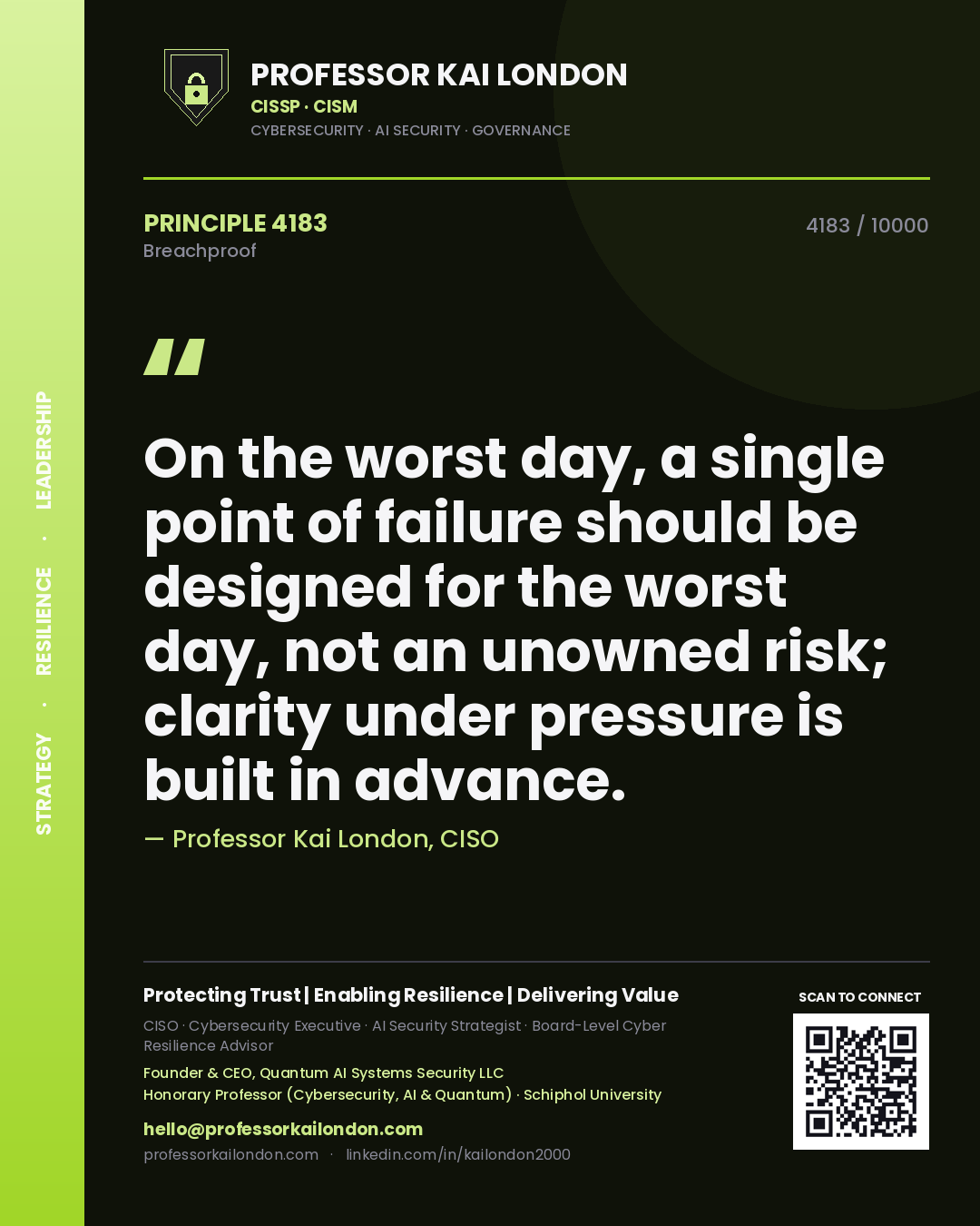 Quote card by Professor Kai London reading 'On the worst day, a single point of failure should be designed for the worst day, not an unowned risk; clarity under pressure is built in advance.'. From the book Breachproof.