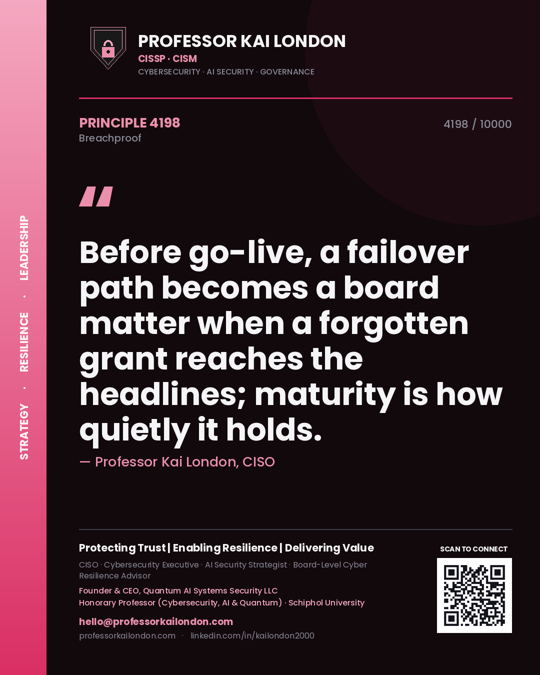 Quote card by Professor Kai London reading 'Before go-live, a failover path becomes a board matter when a forgotten grant reaches the headlines; maturity is how quietly it holds.'. From the book Breachproof.