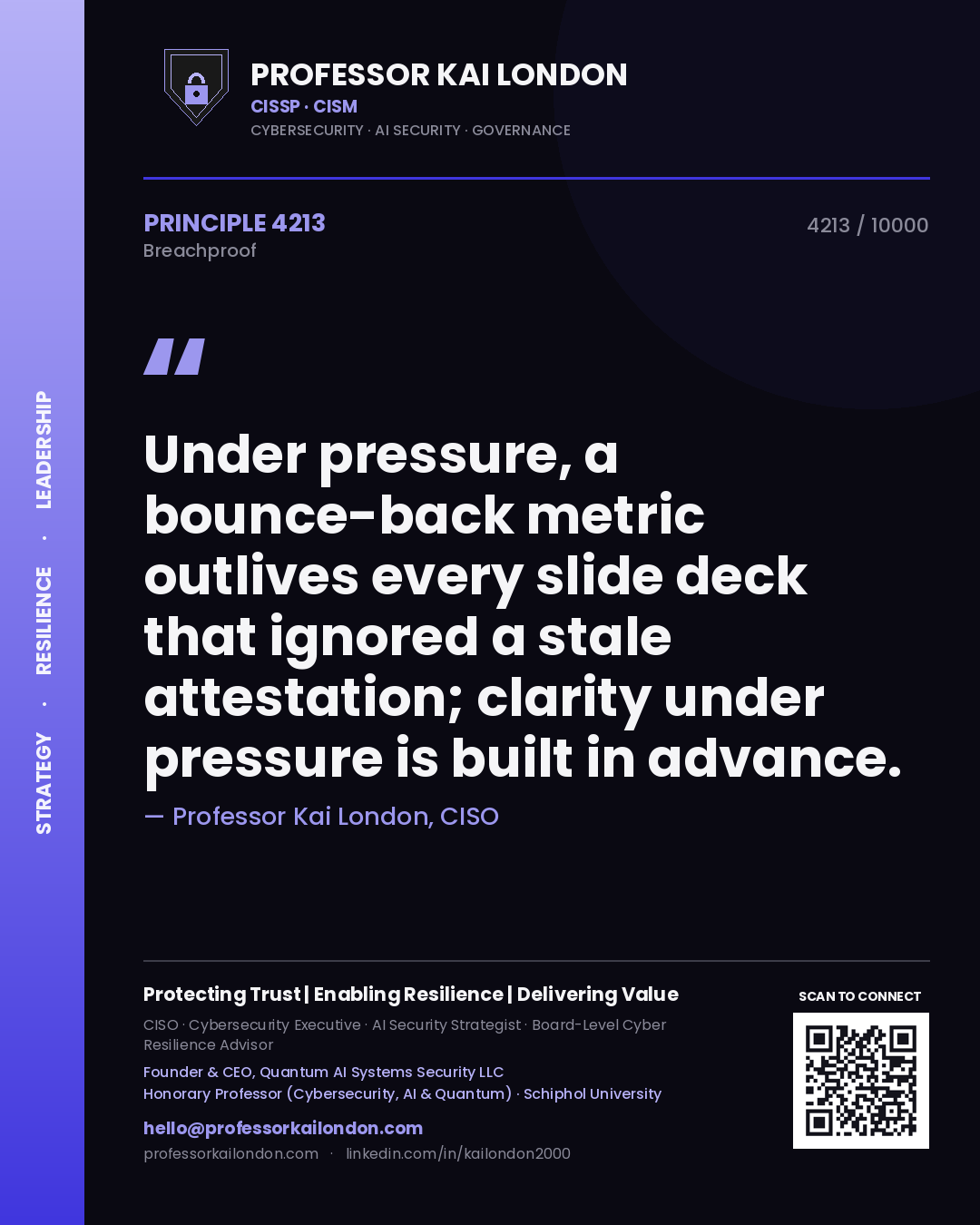 Professor Kai London principle 4213: Under pressure, a bounce-back metric outlives every slide deck that ignored a stale attestation; clarity under pressure is built in advance.
