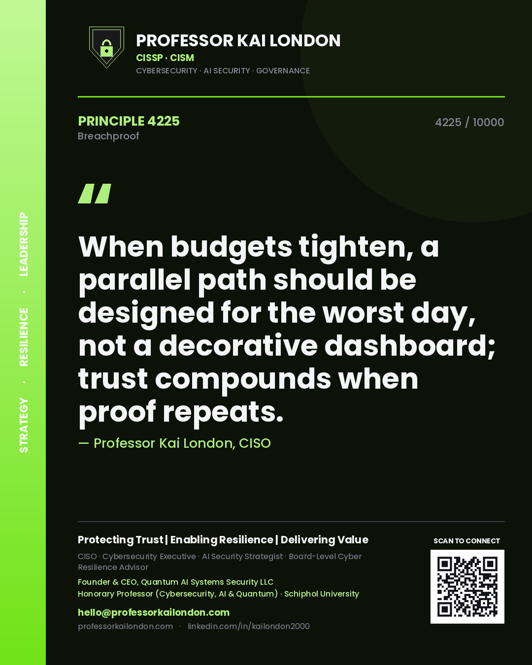 Quote card by Professor Kai London reading 'When budgets tighten, a parallel path should be designed for the worst day, not a decorative dashboard; trust compounds when proof repeats.'. From the book Breachproof.