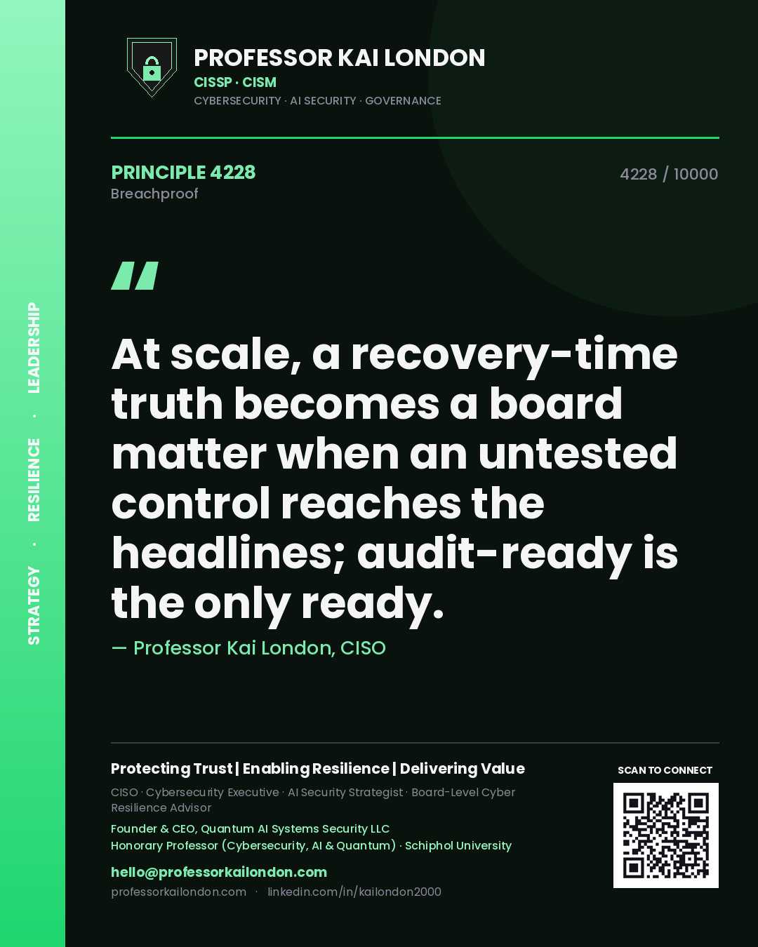 Professor Kai London principle 4228: At scale, a recovery-time truth becomes a board matter when an untested control reaches the headlines; audit-ready is the only ready.