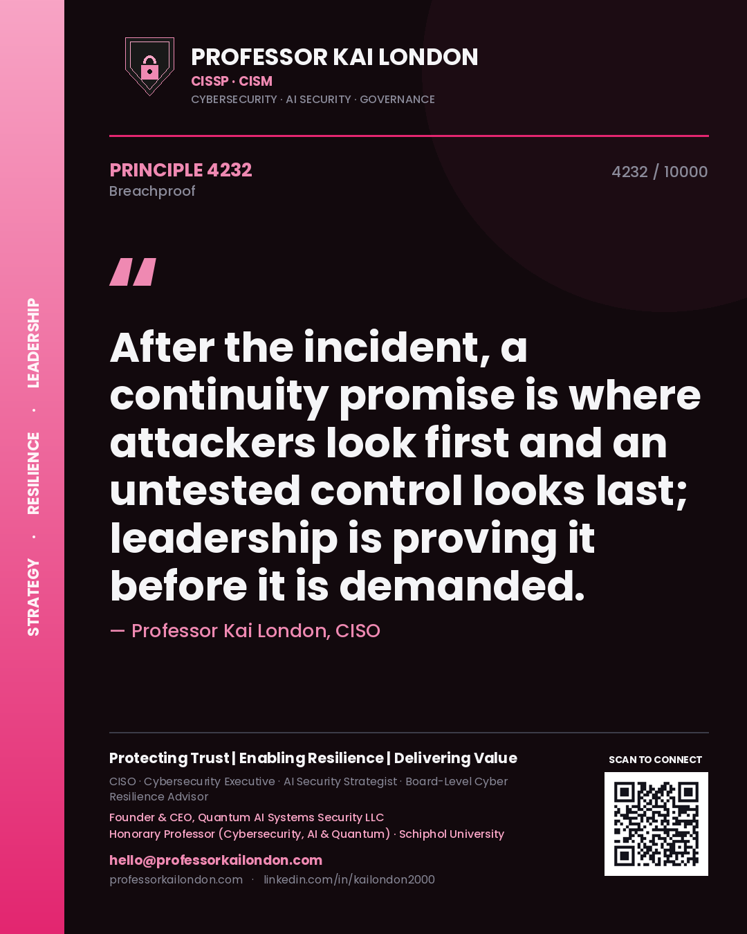 Quote card by Professor Kai London reading 'After the incident, a continuity promise is where attackers look first and an untested control looks last; leadership is proving it before it is demanded.'. From the book Breachproof.
