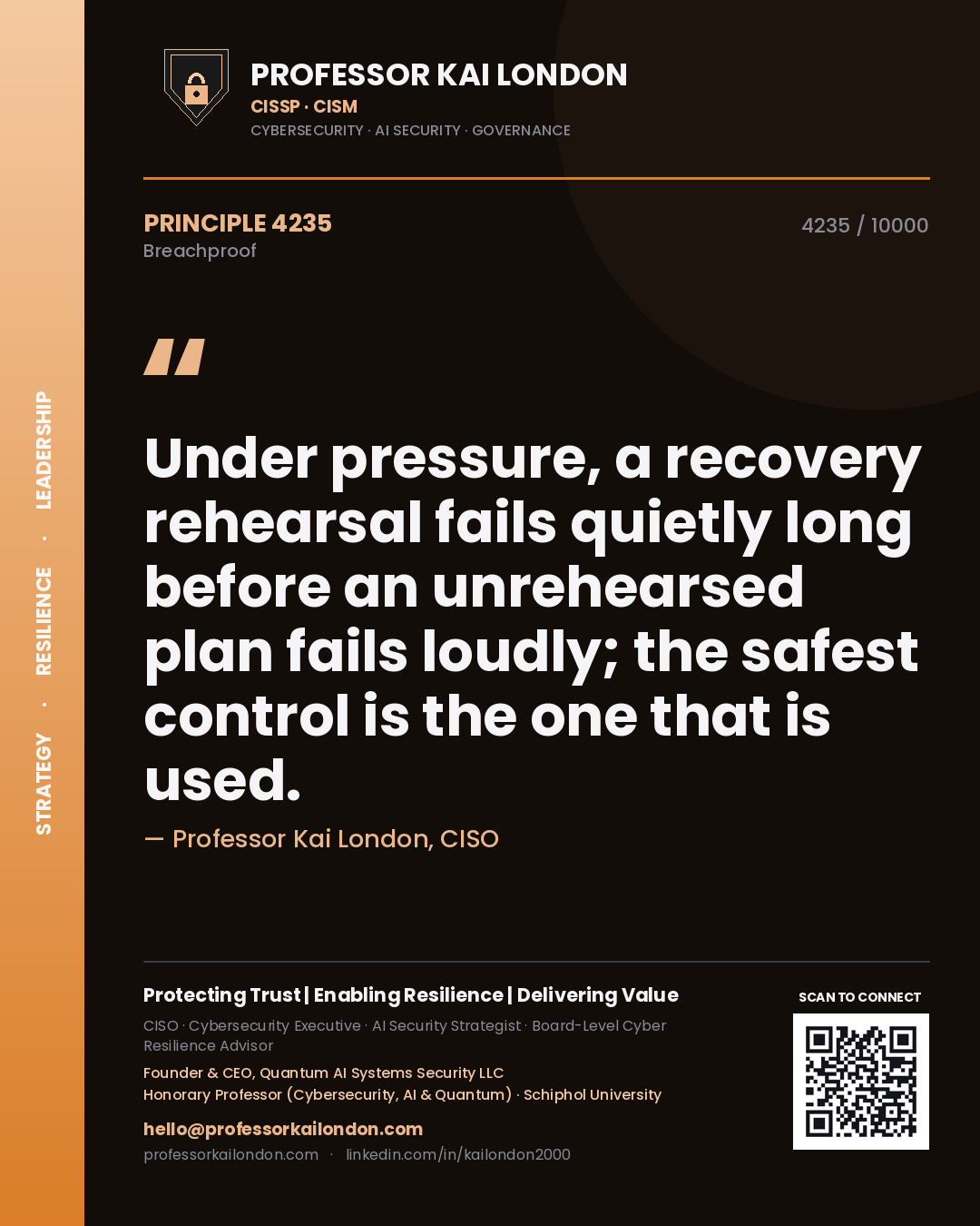 Professor Kai London principle 4235: Under pressure, a recovery rehearsal fails quietly long before an unrehearsed plan fails loudly; the safest control is the one that is used.