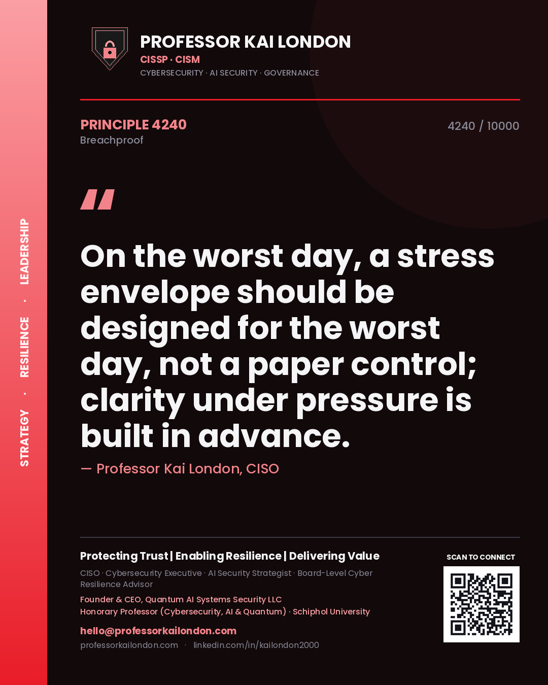 Professor Kai London principle 4240: On the worst day, a stress envelope should be designed for the worst day, not a paper control; clarity under pressure is built in advance.