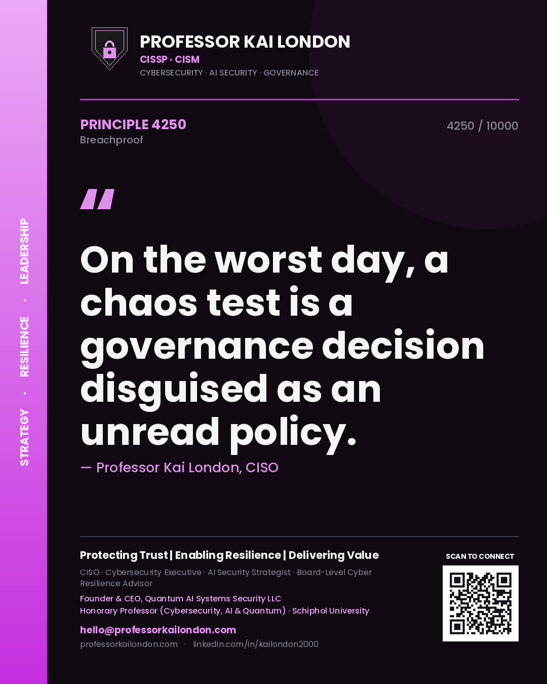 Professor Kai London principle 4250: On the worst day, a chaos test is a governance decision disguised as an unread policy.