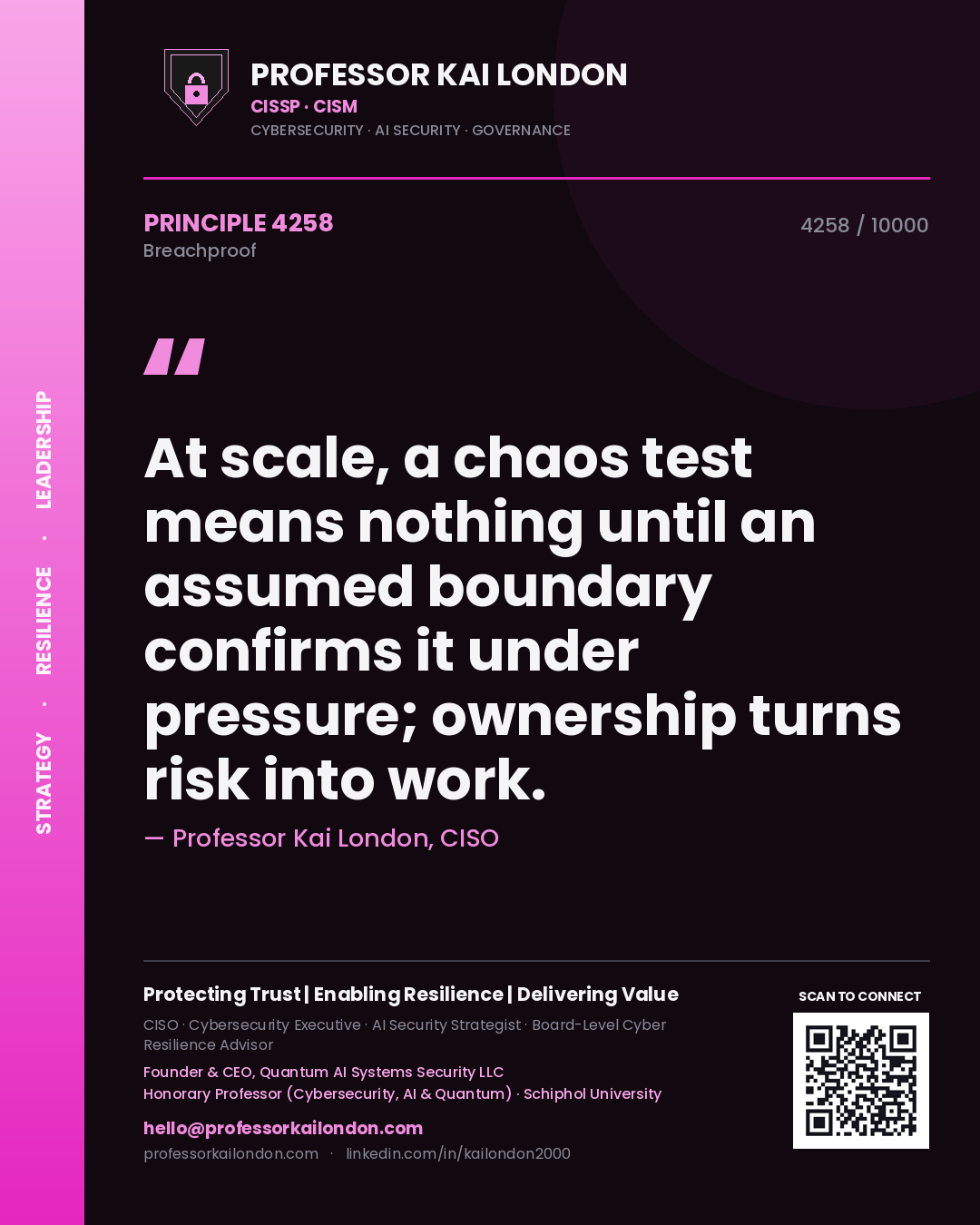 Professor Kai London principle 4258: At scale, a chaos test means nothing until an assumed boundary confirms it under pressure; ownership turns risk into work.