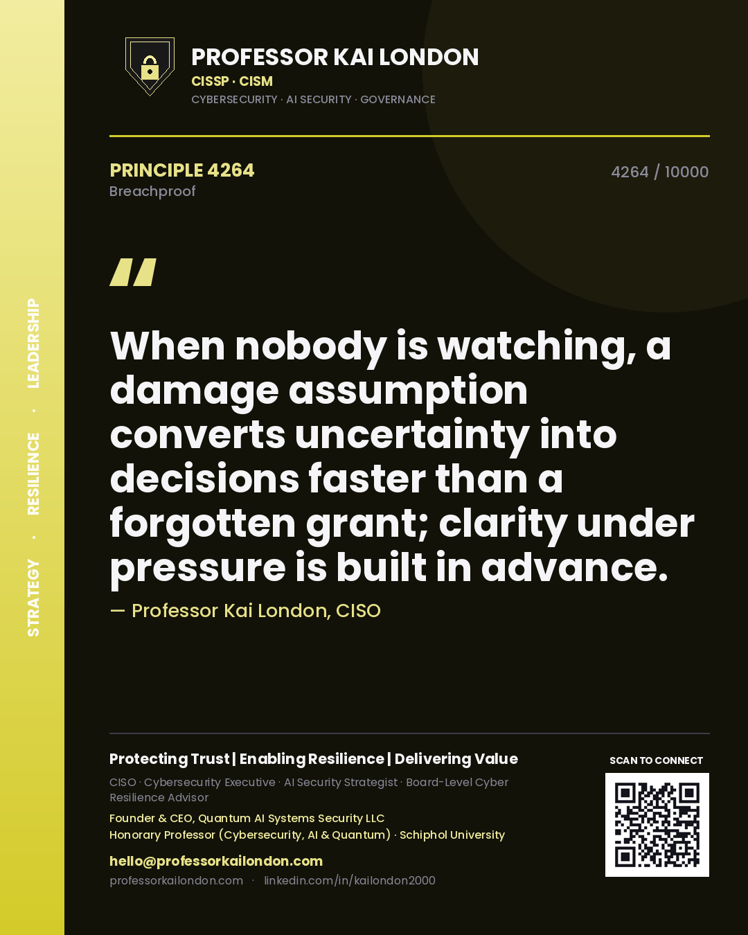 Professor Kai London principle 4264: When nobody is watching, a damage assumption converts uncertainty into decisions faster than a forgotten grant; clarity under pressure is built in advance.