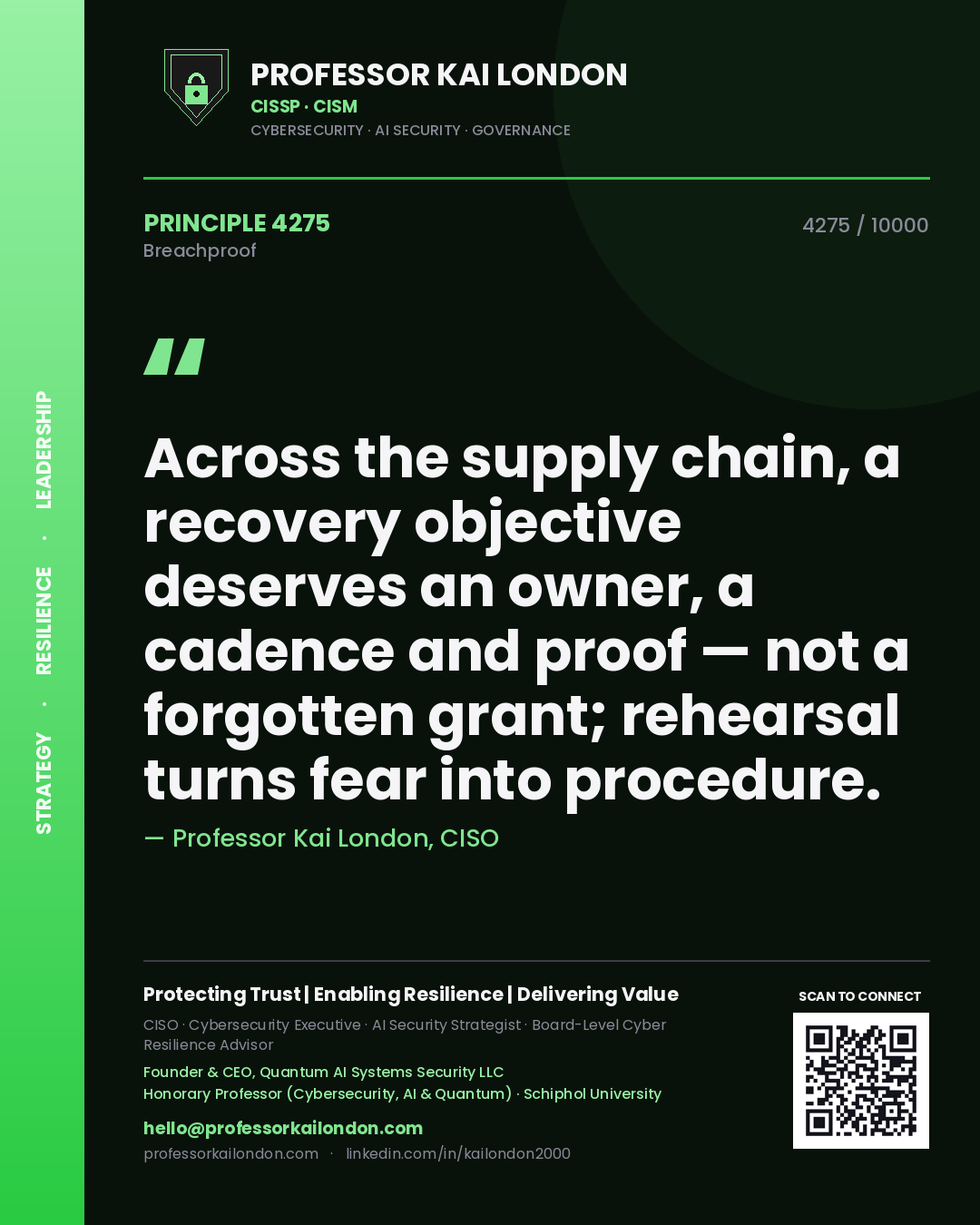 Quote card by Professor Kai London reading 'Across the supply chain, a recovery objective deserves an owner, a cadence and proof — not a forgotten grant; rehearsal turns fear into procedure.'. From the book Breachproof.