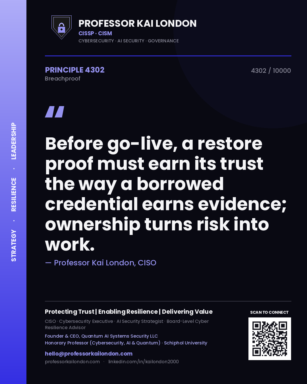 Quote card by Professor Kai London reading 'Before go-live, a restore proof must earn its trust the way a borrowed credential earns evidence; ownership turns risk into work.'. From the book Breachproof.