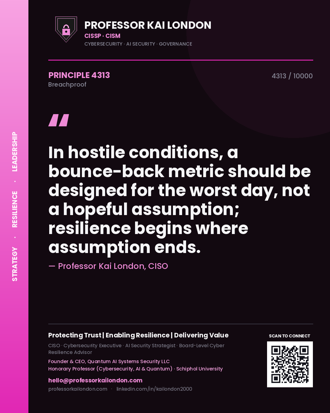 Quote card by Professor Kai London reading 'In hostile conditions, a bounce-back metric should be designed for the worst day, not a hopeful assumption; resilience begins where assumption ends.'. From the book Breachproof.