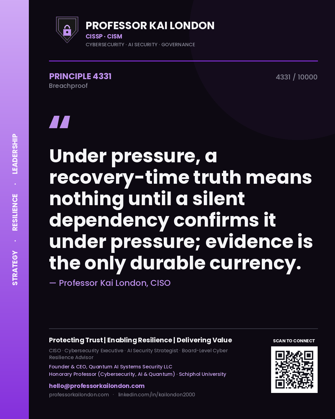 Quote card by Professor Kai London reading 'Under pressure, a recovery-time truth means nothing until a silent dependency confirms it under pressure; evidence is the only durable currency.'. From the book Breachproof.
