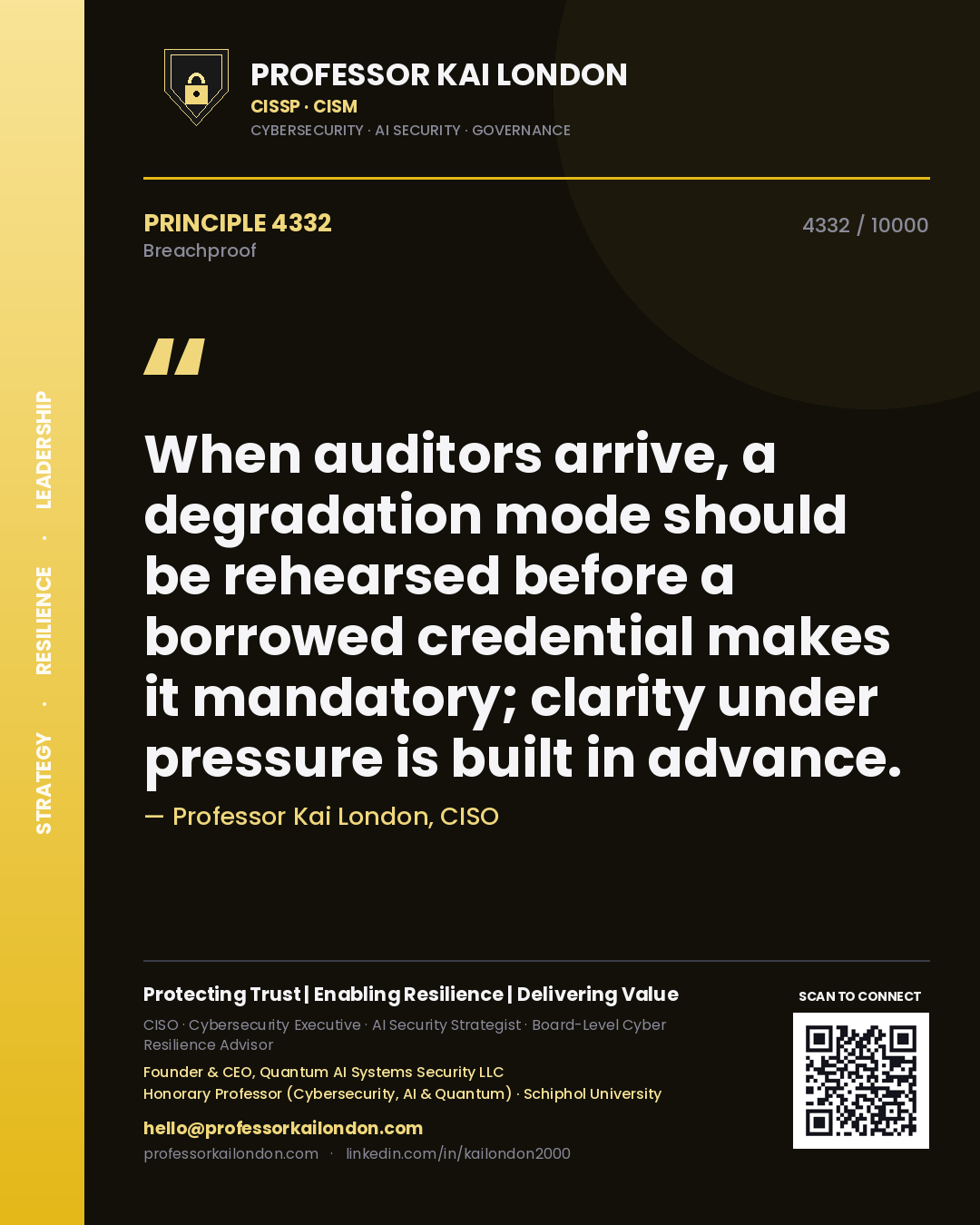 Quote card by Professor Kai London reading 'When auditors arrive, a degradation mode should be rehearsed before a borrowed credential makes it mandatory; clarity under pressure is built in advance.'. From the book Breachproof.