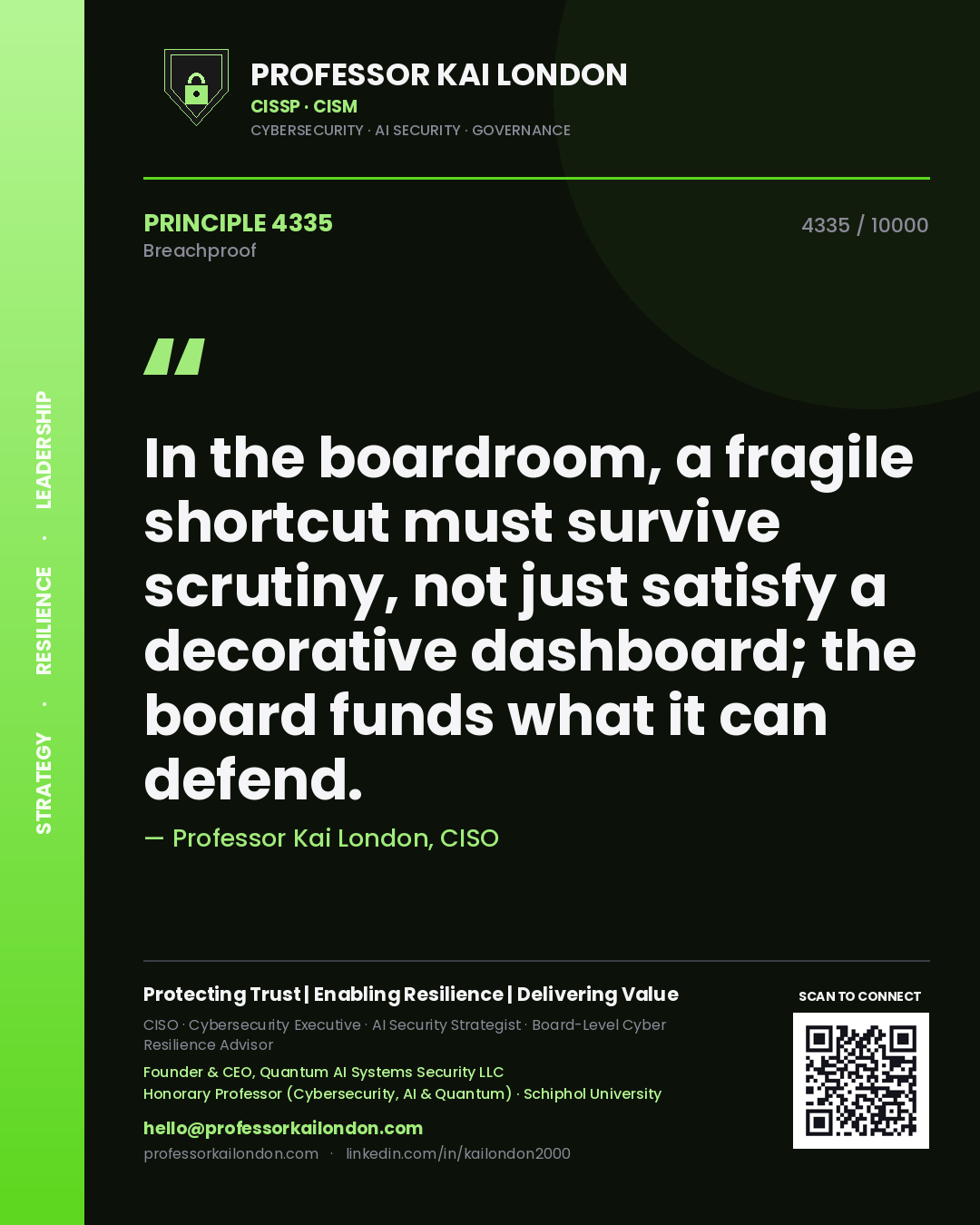 Quote card by Professor Kai London reading 'In the boardroom, a fragile shortcut must survive scrutiny, not just satisfy a decorative dashboard; the board funds what it can defend.'. From the book Breachproof.