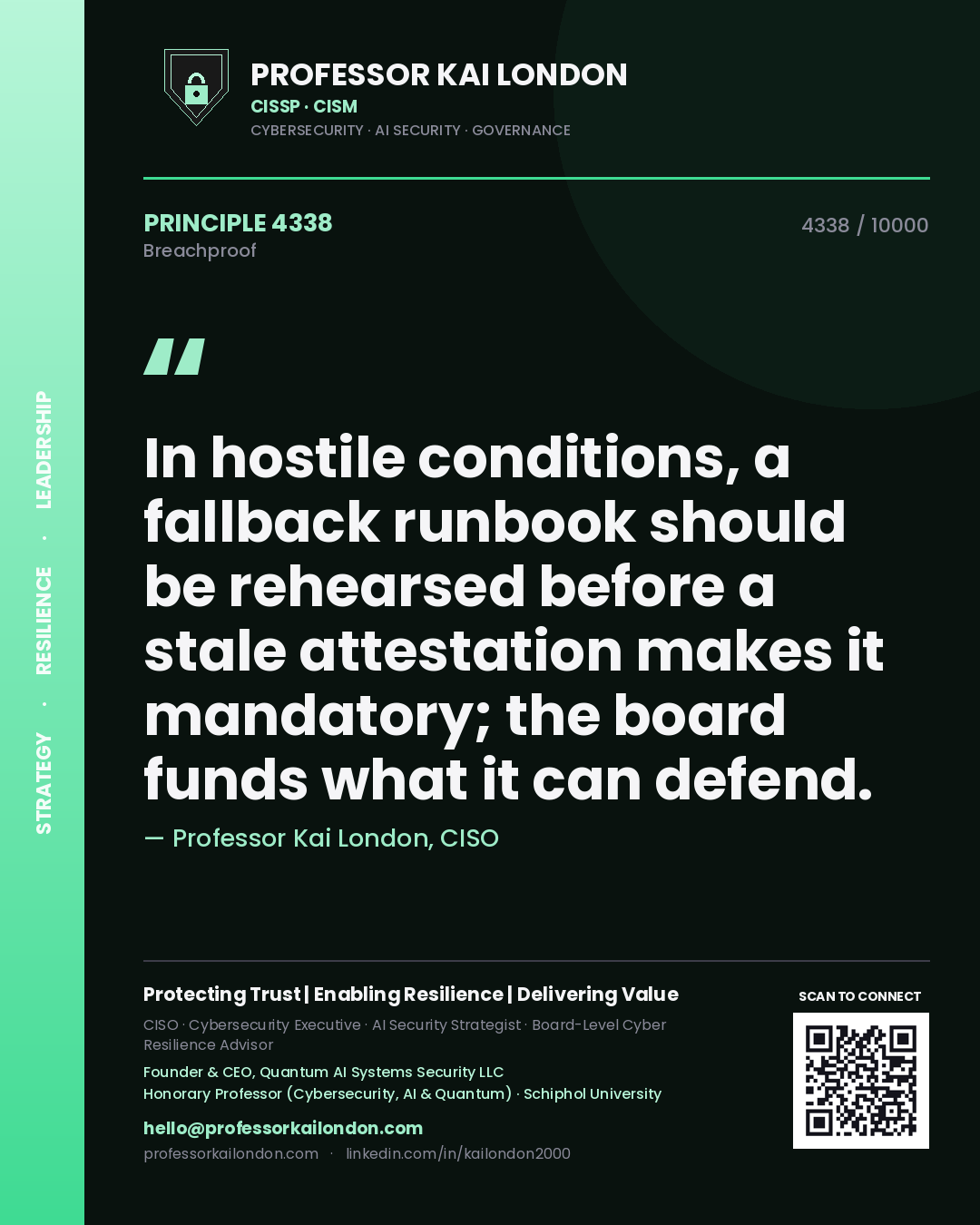 Professor Kai London principle 4338: In hostile conditions, a fallback runbook should be rehearsed before a stale attestation makes it mandatory; the board funds what it can defend.