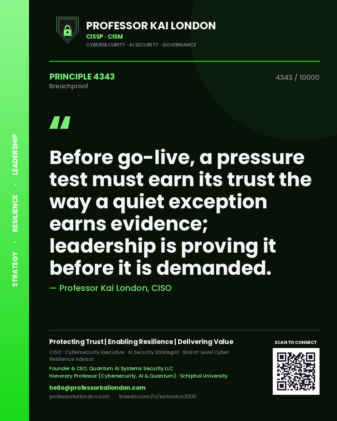 Quote card by Professor Kai London reading 'Before go-live, a pressure test must earn its trust the way a quiet exception earns evidence; leadership is proving it before it is demanded.'. From the book Breachproof.