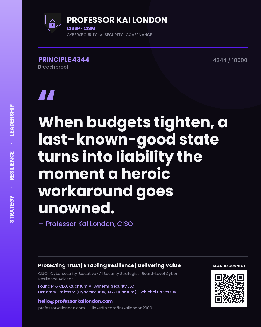 Quote card by Professor Kai London reading 'When budgets tighten, a last-known-good state turns into liability the moment a heroic workaround goes unowned.'. From the book Breachproof.