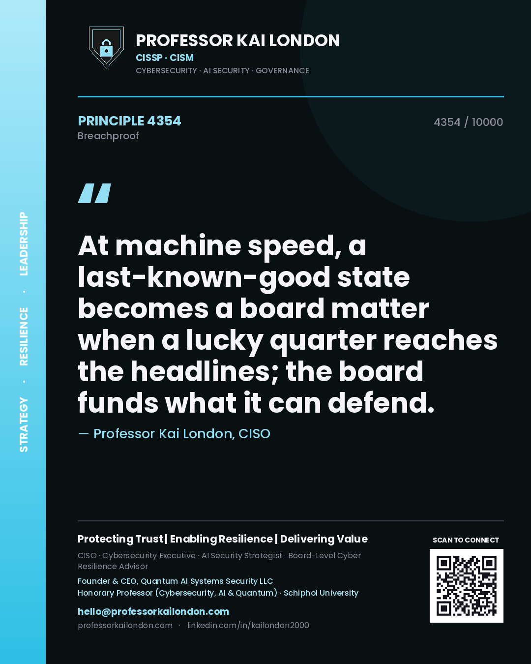 Quote card by Professor Kai London reading 'At machine speed, a last-known-good state becomes a board matter when a lucky quarter reaches the headlines; the board funds what it can defend.'. From the book Breachproof.