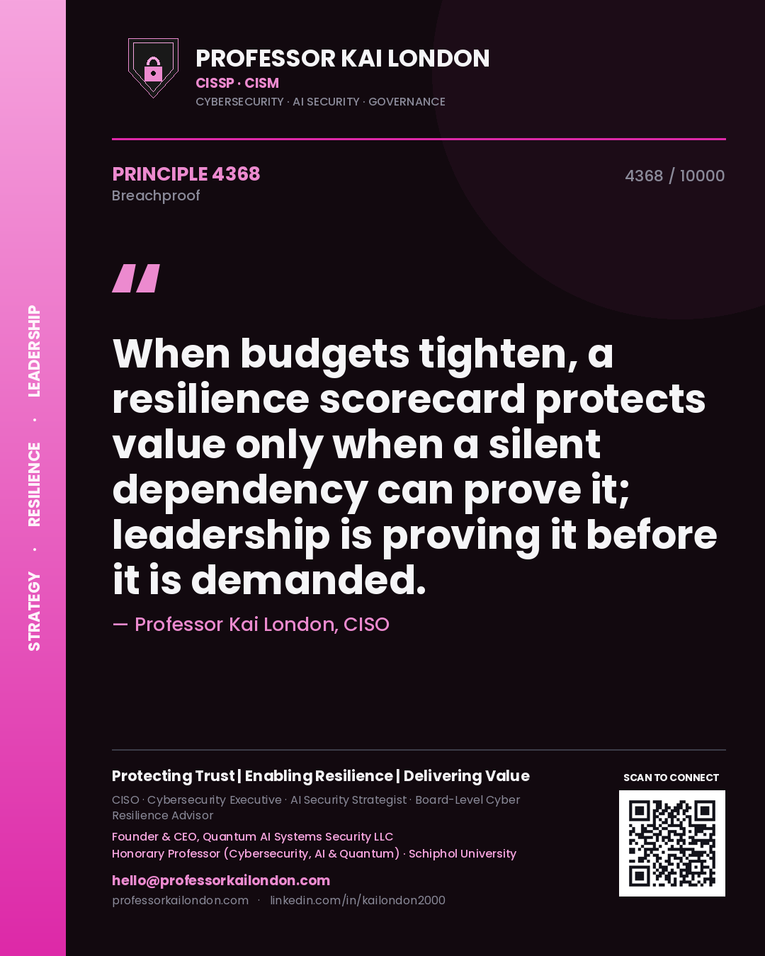 Professor Kai London principle 4368: When budgets tighten, a resilience scorecard protects value only when a silent dependency can prove it; leadership is proving it before it is demanded.